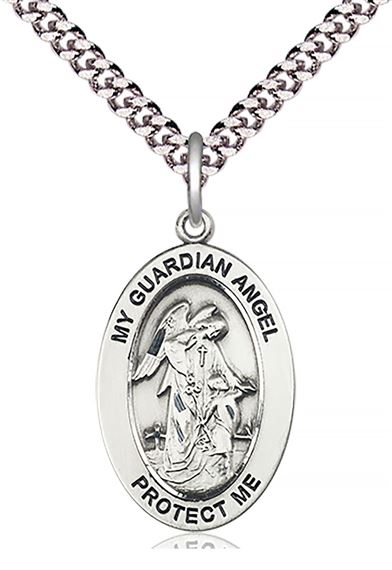 STERLING SILVER GUARDIAN ANGEL W-CHILD PENDANT WITH CHAIN - 1" x 5/8"