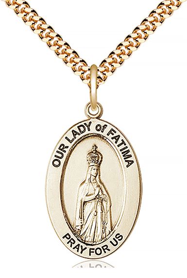 14KT GOLD FILLED O-L OF FATIMA PENDANT WITH CHAIN - 1" x 5/8"