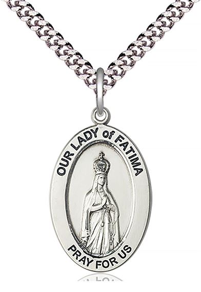 STERLING SILVER O-L OF FATIMA PENDANT WITH CHAIN - 1" x 5/8"
