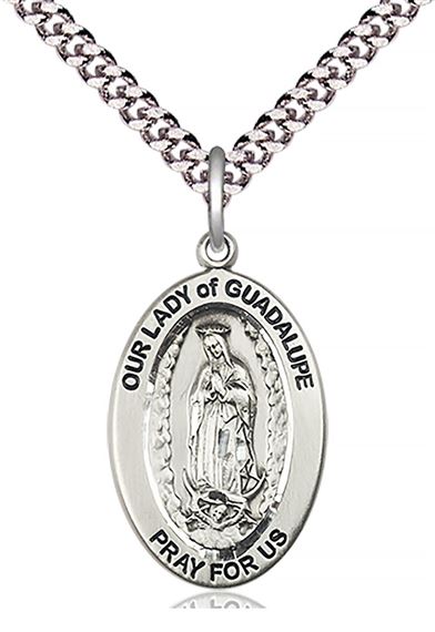STERLING SILVER O-L OF GUADALUPE PENDANT WITH CHAIN - 1" x 5/8"