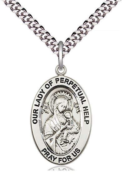STERLING SILVER O-L OF PERPETUAL HELP PENDANT WITH CHAIN - 1" x 5/8"