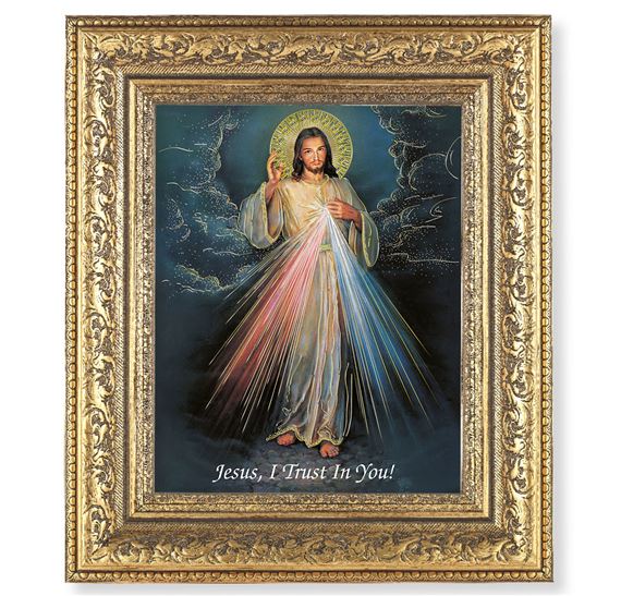THE DIVINE MERCY IN AN ORNATE GOLD LEAF FRAME (12 1/2" X 14 1/2")