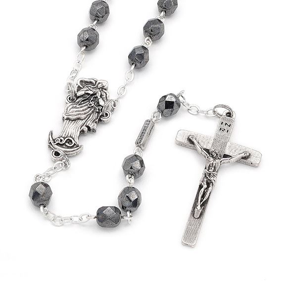 OUR LADY UNDOER OF KNOTS ROSARY - HEMATITE GLASS