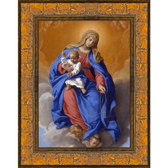 OUR LADY OF THE ROSARY PRINT IN AMBER MOTHER OF PEARL FRAME