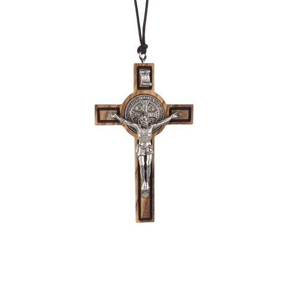 ST. BENEDICT OLIVE WOOD CRUCIFIX ON CORD