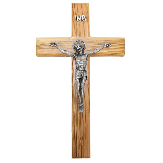 OLIVE WOOD CRUCIFIX PEWTER CORPUS - 9½"