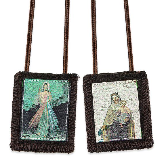 OUR LADY OF MT. CARMEL BROWN WOOL SCAPULAR WITH DIVINE MERCY