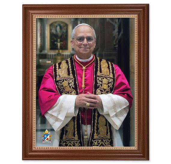 POPE LEO XIV OFFICIAL PORTRAIT IN BROWN WOOD FRAME (13 ½” x 16 ½”)