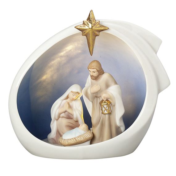 PORCELAIN HOLY FAMILY LIGHTED CRECHE