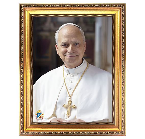 POPE LEO XIV IN WHITE CASSOCK - GOLD WOOD FRAME (15 ½” x 19 ½”)