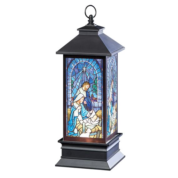 HOLY FAMILY STAINED GLASS LIGHTED SWIRL LANTERN