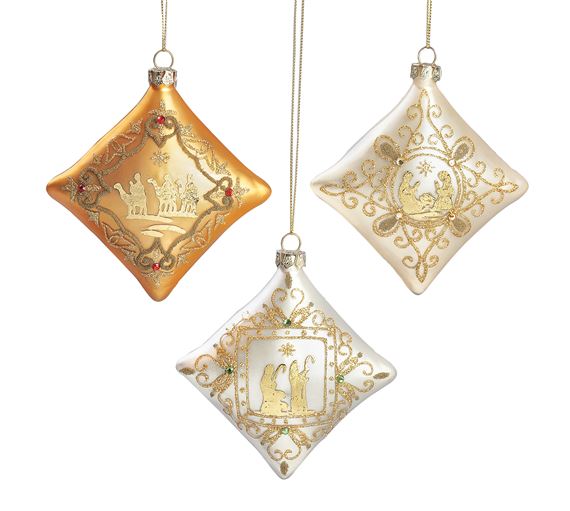 SET OF THREE GLASS NATIVITY ORNAMENTS