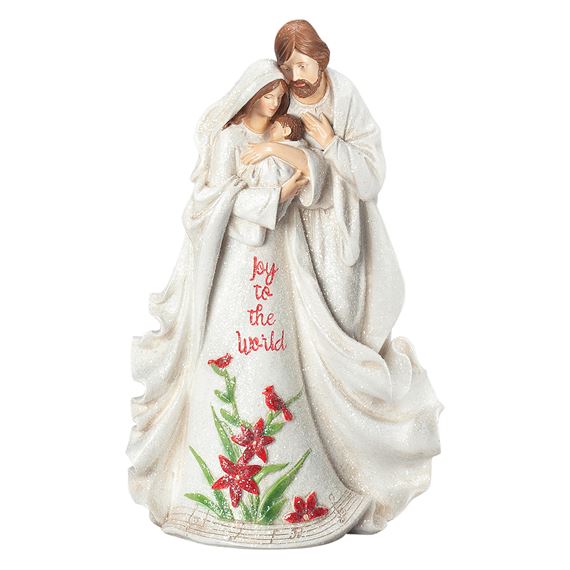 JOY TO THE WORLD HOLY FAMILY STATUE WITH POINSETTIAS