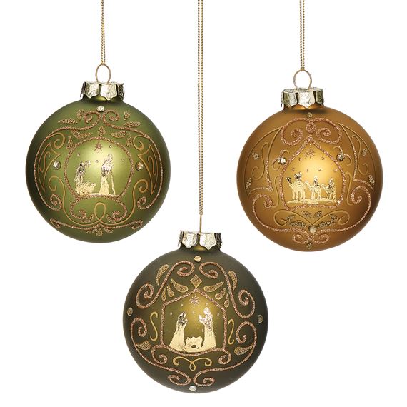 SET OF THREE GLASS NATIVITY ORNAMENTS