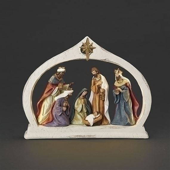 WOOD LOOK NATIVITY IN LIGHTED ARCH - 10"