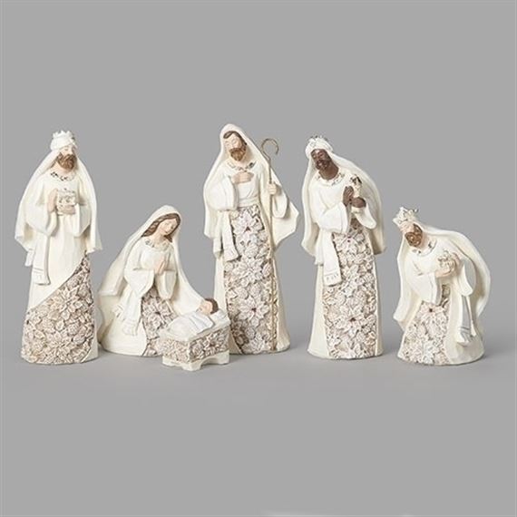 SIX PIECE NATIVITY SET WITH POINSETTIA PATTERN