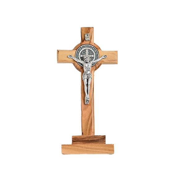 ST. BENEDICT OLIVE WOOD CRUCIFIX ON STAND