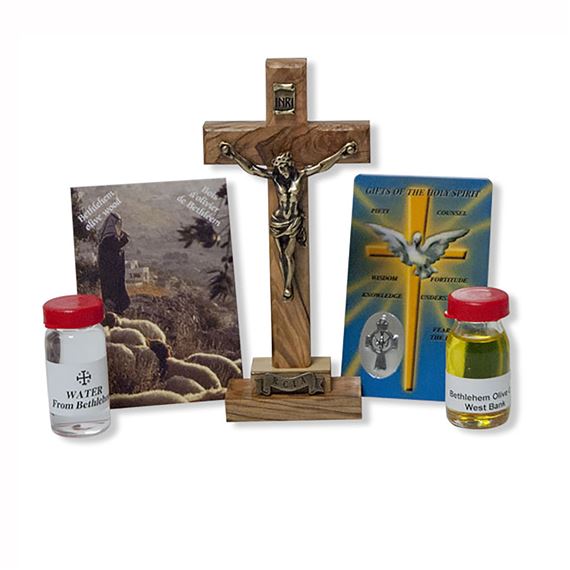 RCIA OLIVE WOOD CRUCIFIX , WATER AND OIL SET