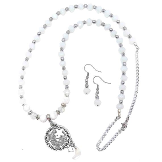 MOTHER OF PEARL & CRYSTAL OUR FATHER PRAYER - NECKLACE (26") & EARRING SET (AQUINAS)