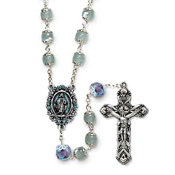 BLUE CAT'S EYE ROSARY WITH ENAMELED CENTER