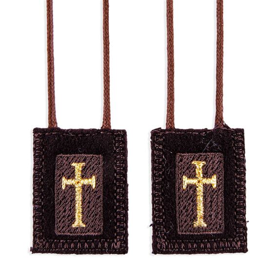 CRUSADER'S BROWN WOOL SCAPULAR WITH GOLD CROSS