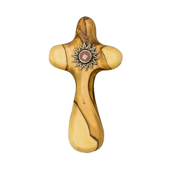SMALL OLIVE WOOD COMFORT CROSS WITH CLOTH TOUCHED TO JESUS' TOMB