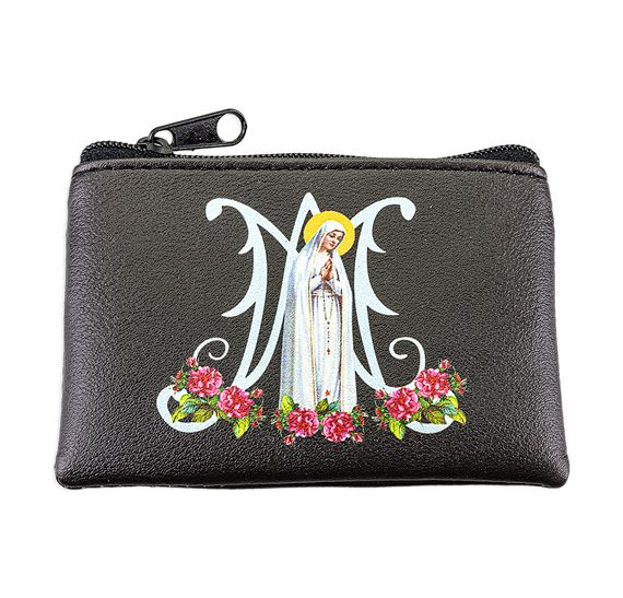 O.L. OF FATIMA BLACK LEATHERETTE ROSARY POUCH