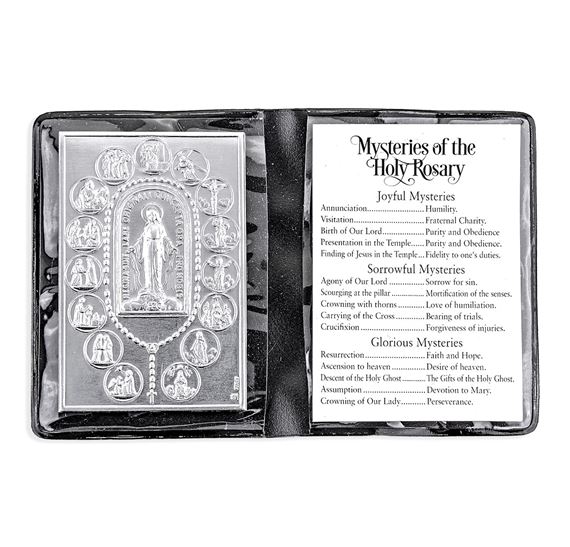 MYSTERIES OF THE ROSARY METAL PLAQUE IN FOLDER