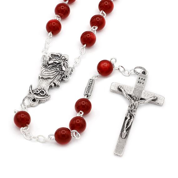 OUR LADY UNDOER OF KNOTS ROSARY - RED LUCITE BEADS