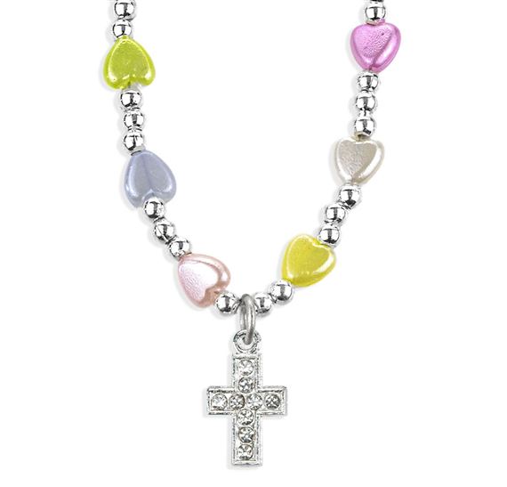 MULTI-COLOR HEART BEAD NECKLACE WITH CRYSTAL JEWELED CROSS