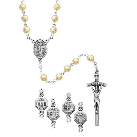 GLASS PEARL ROSARY WITH BASILICA OUR FATHER BEADS