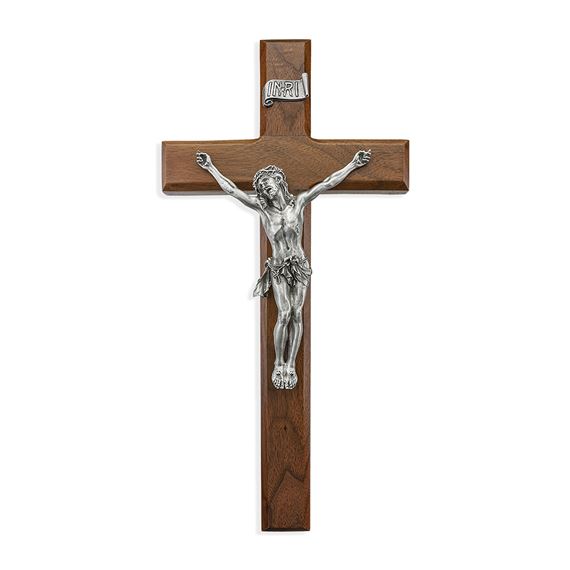 WALNUT CRUCIFIX WITH  ANTIQUED GENUINE PEWTER CORPUS - 12"
