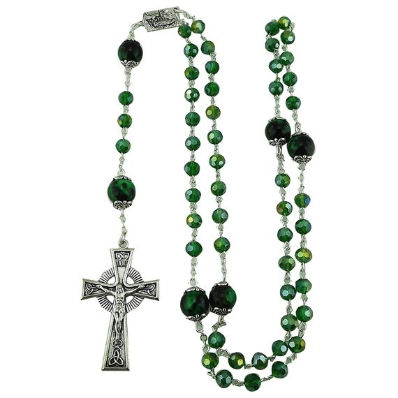 GREEN GLASS BEAD ROSARY WITH OUR LADY OF LOURDES CENTERPIECE AND CELTIC CRUCIFIX