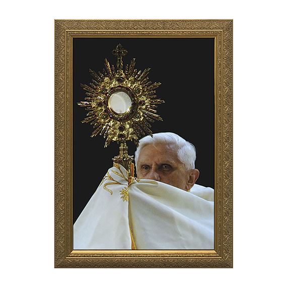 POPE BENEDICT XVI WITH MONSTRANCE IN GOLD FRAME - 7" X 10"