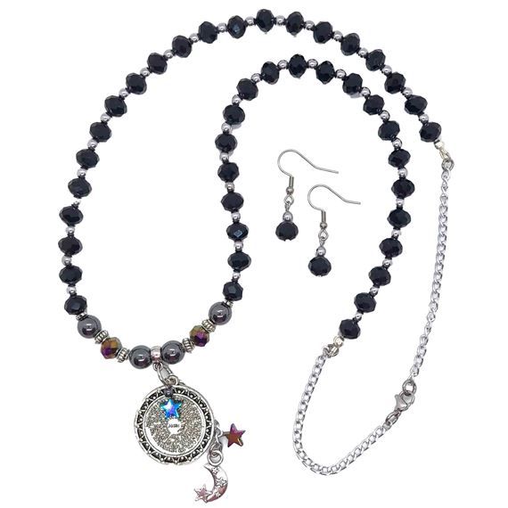 HEMATITE & CRYSTAL OUR FATHER 
 PRAYER - NECKLACE (26") & EARRING SET (AQUINAS)