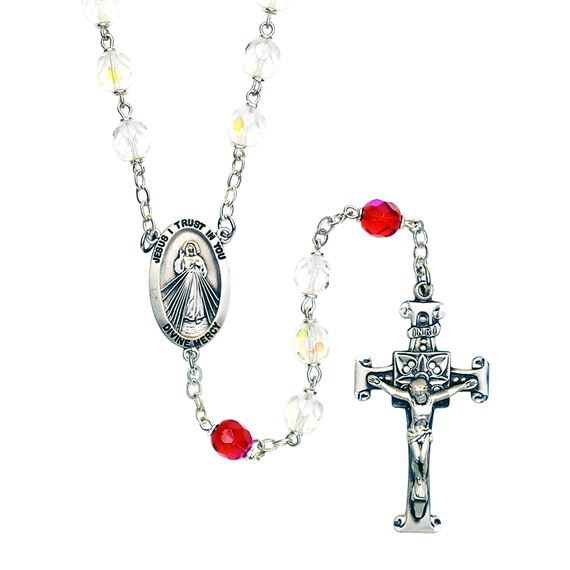 DIVINE MERCY CLEAR AND RUBY GLASS BEAD ROSARY