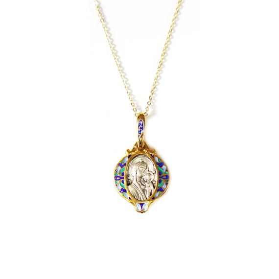 VIRGIN OF KAZAN ICON SILVER AND GOLD PENDANT WITH ENAMEL