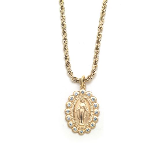 GOLD MIRACULOUS MEDAL WITH AQUA CRYSTAL DETAIL
