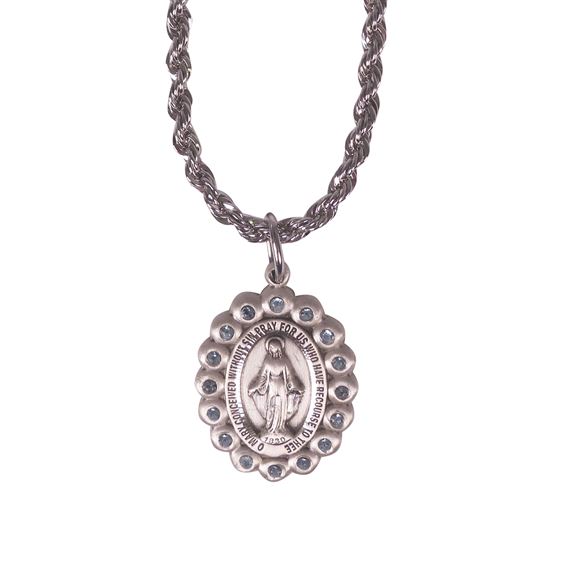 OVAL MIRACULOUS MEDAL WITH AQUA CRYSTAL DETAIL