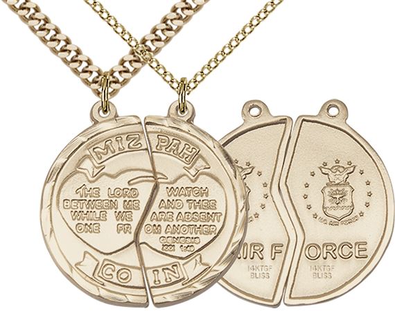 14KT GOLD FILLED MIZPAH COIN SET PENDANT ON A CHAIN - 1" x 1"