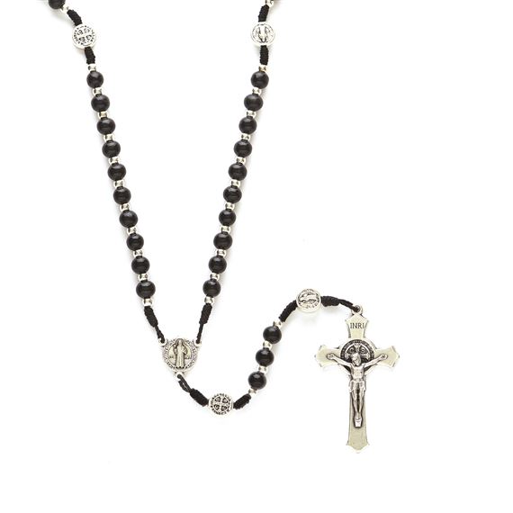 ST. BENEDICT BLACK BEAD CORD ROSARY WITH MEDALS