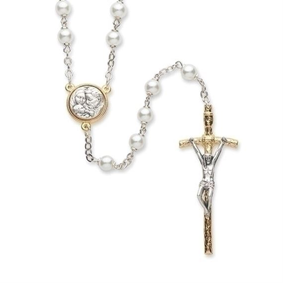 HOLY FAMILY PEARLIZED GLASS BEAD ROSARY