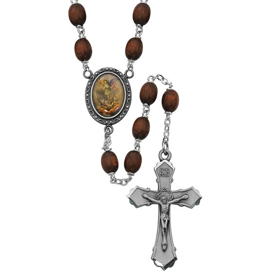 ST. MICHAEL BROWN WOOD BEAD ROSARY