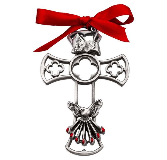 PEWTER CONFIRMAION CROSS WITH DOVE AND RED ENAMEL