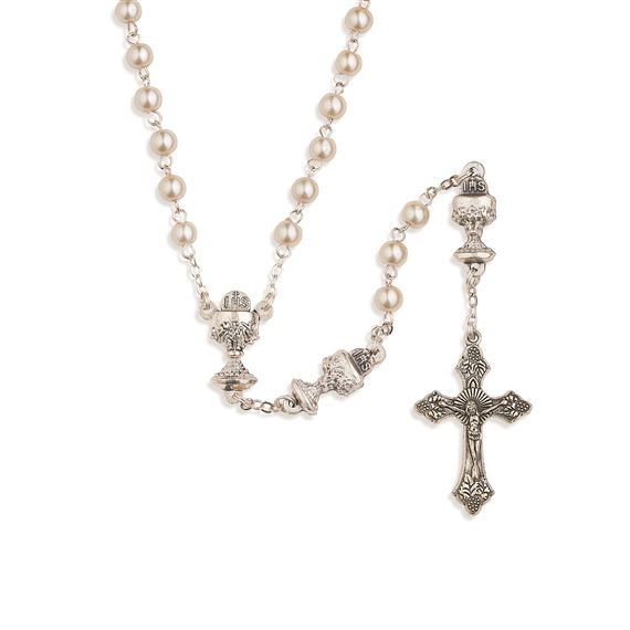WHITE BEAD EUCHARISTIC ROSARY WITH CHALICE