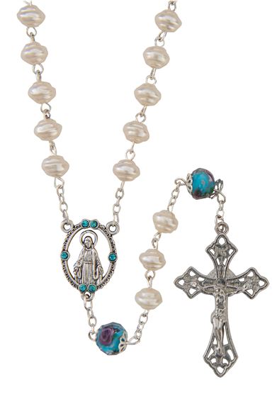 PEARL ROSARY WITH AQUA LAMP BEADS