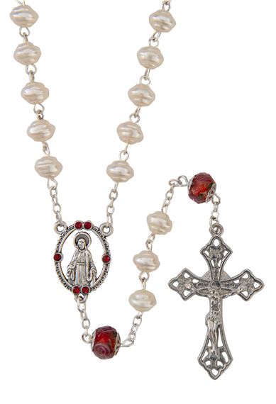 PEARL ROSARY WITH RUBY LAMP BEADS