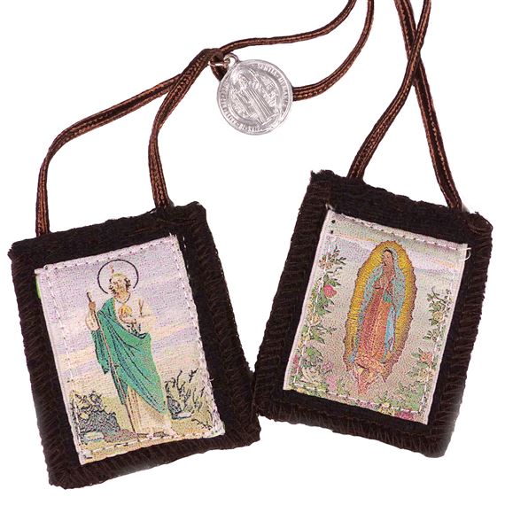 WOOL BROWN SCAPULAR WITH BENEDICTINE MEDAL (GUADALUPE/JUDE)