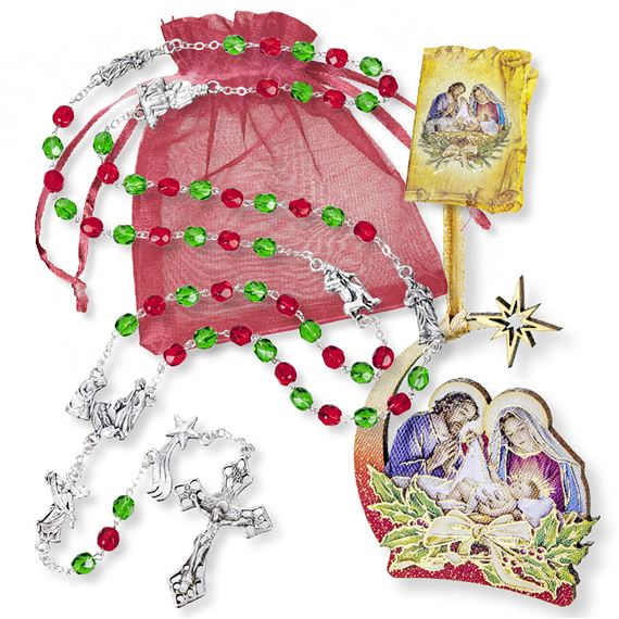 CHRISTMAS ROSARY GIFT SET - GREEN AND RED BEADS