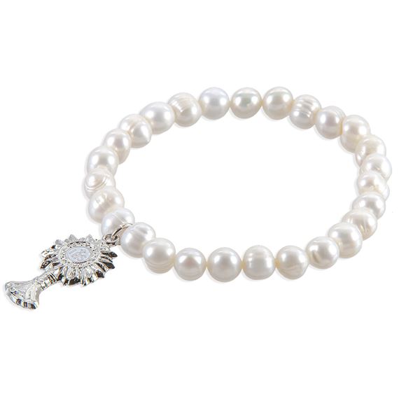 WHITE FRESHWATER PEARL STRETCH BRACELET - MONSTRANCE MEDAL